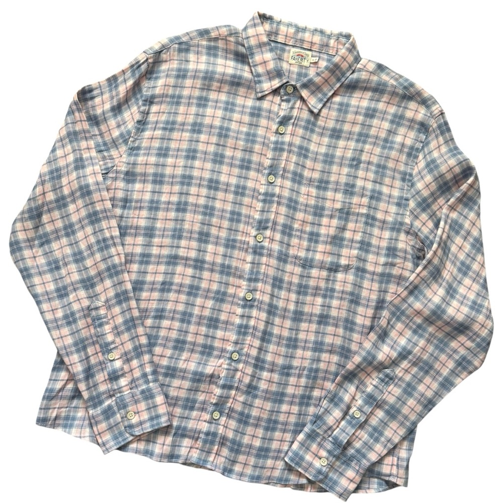 Men's Faherty Blue and Pink Plaid Button Down Linen Blend Shirt XL